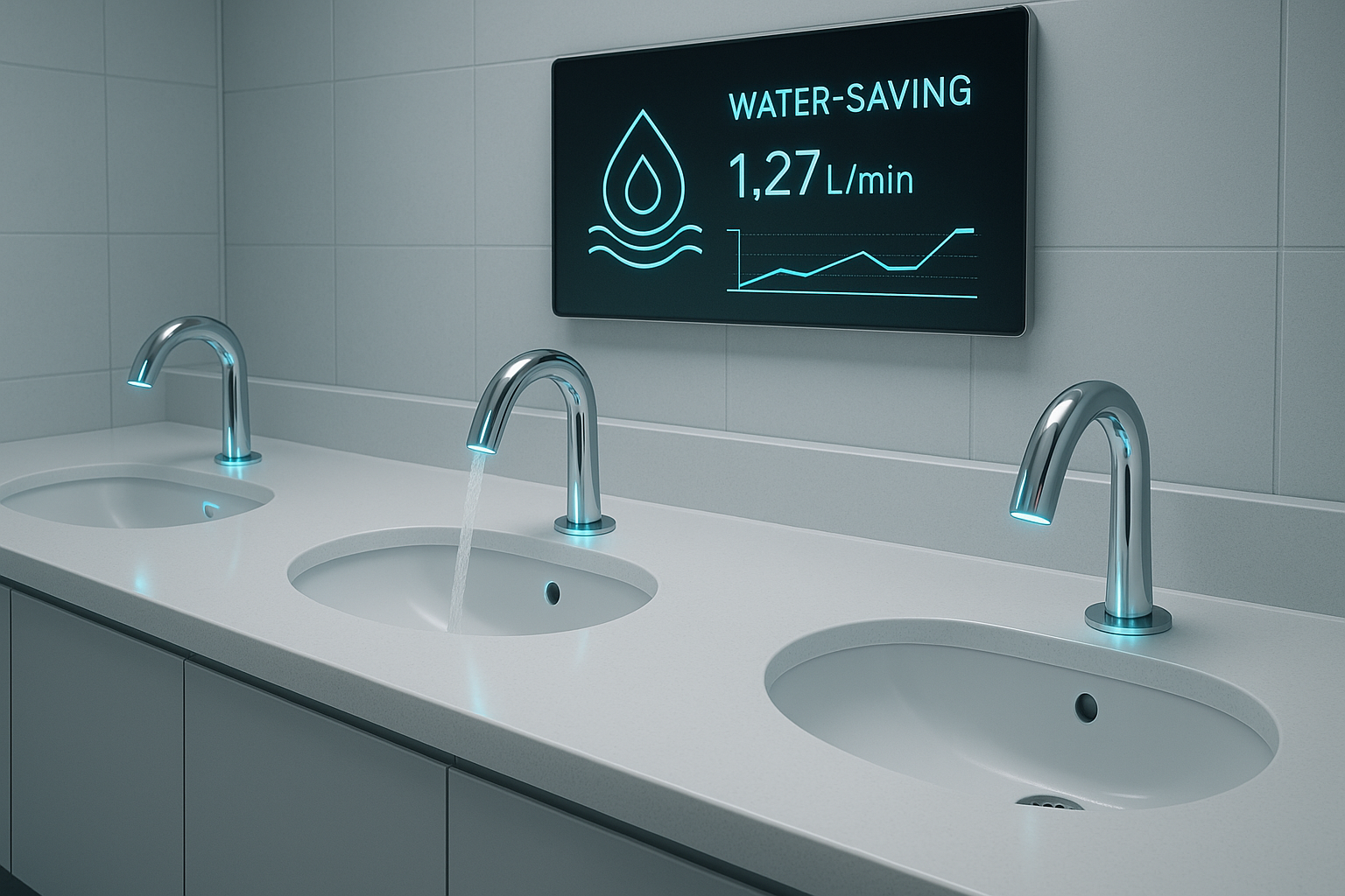 Row of touchless soap dispensers in corporate headquarters restroom